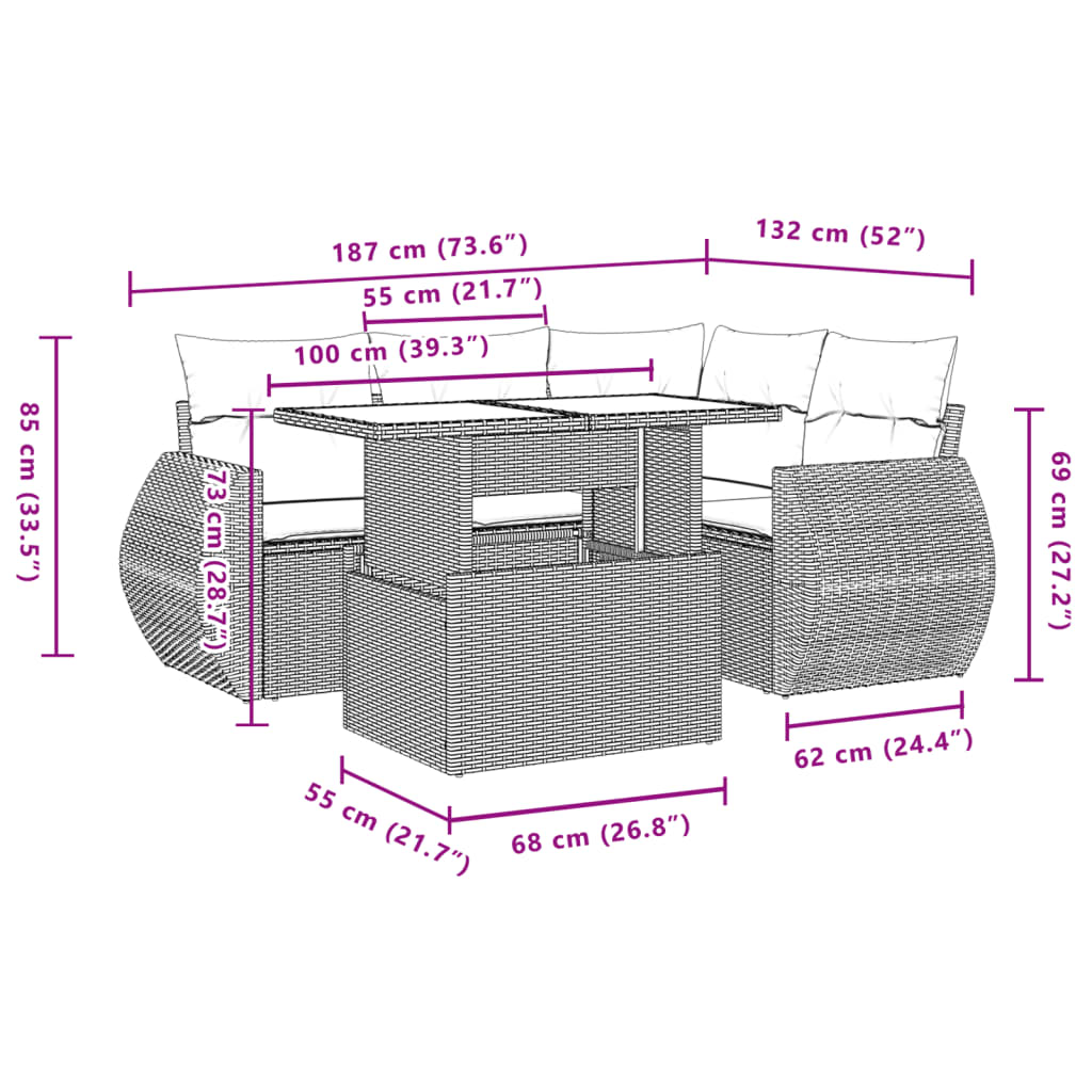 Set mobilier de grădină cu perne, 5 piese, negru, poliratan