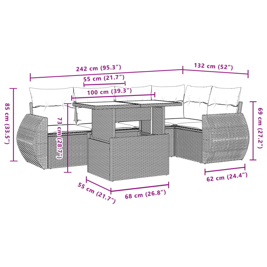 Set mobilier de grădină cu perne, 6 piese, negru, poliratan