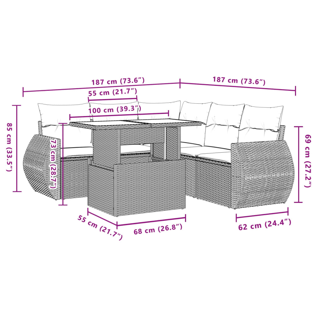 Set mobilier de grădină cu perne, 6 piese, negru, poliratan