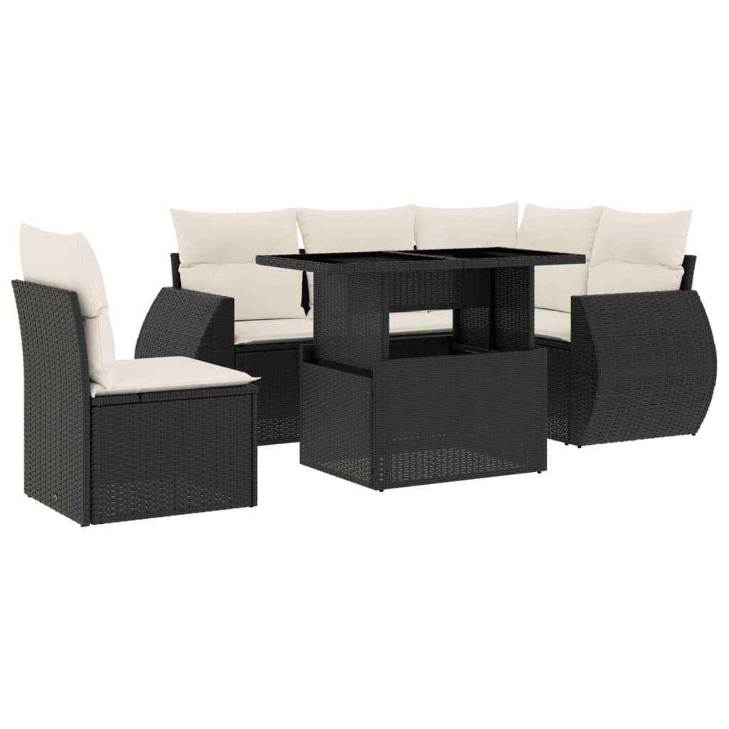 Set mobilier de grădină cu perne, 6 piese, negru, poliratan