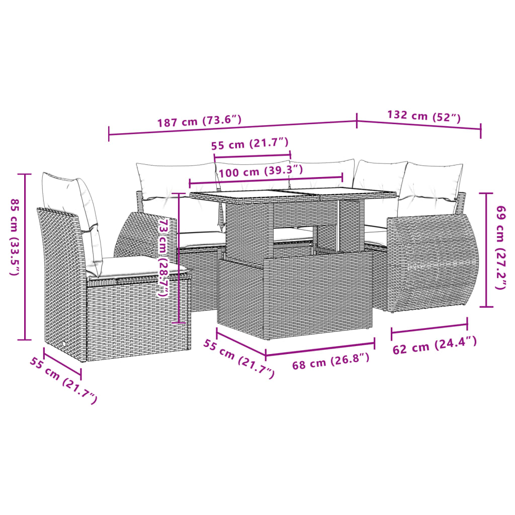 Set mobilier de grădină cu perne, 6 piese, negru, poliratan