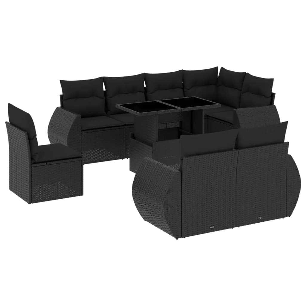 Set mobilier de grădină cu perne, 9 piese, negru, poliratan