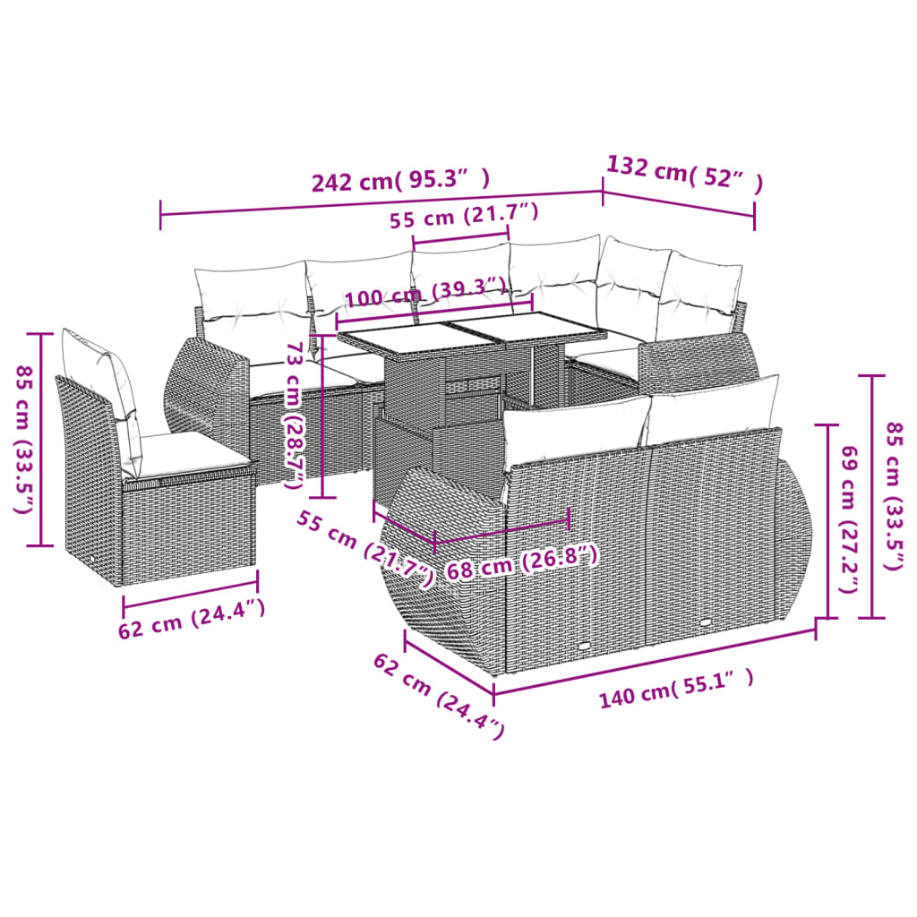 Set mobilier de grădină cu perne, 9 piese, negru, poliratan