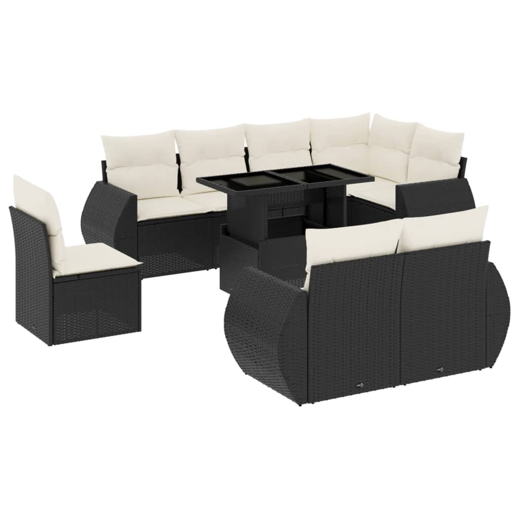 Set mobilier de grădină cu perne, 9 piese, negru, poliratan