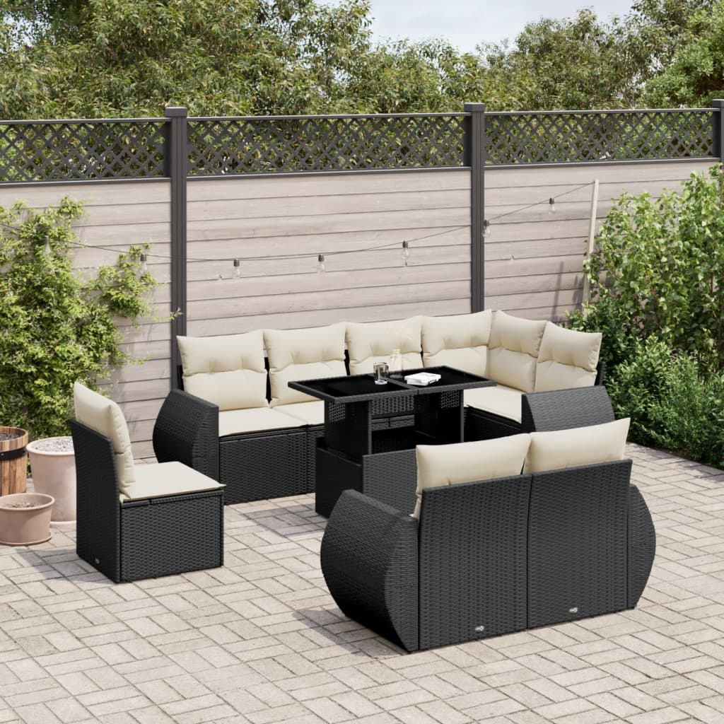 Set mobilier de grădină cu perne, 9 piese, negru, poliratan