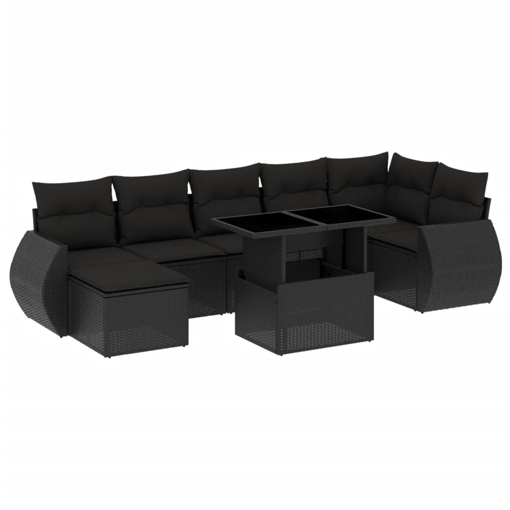 Set mobilier de grădină cu perne, 8 piese, negru, poliratan