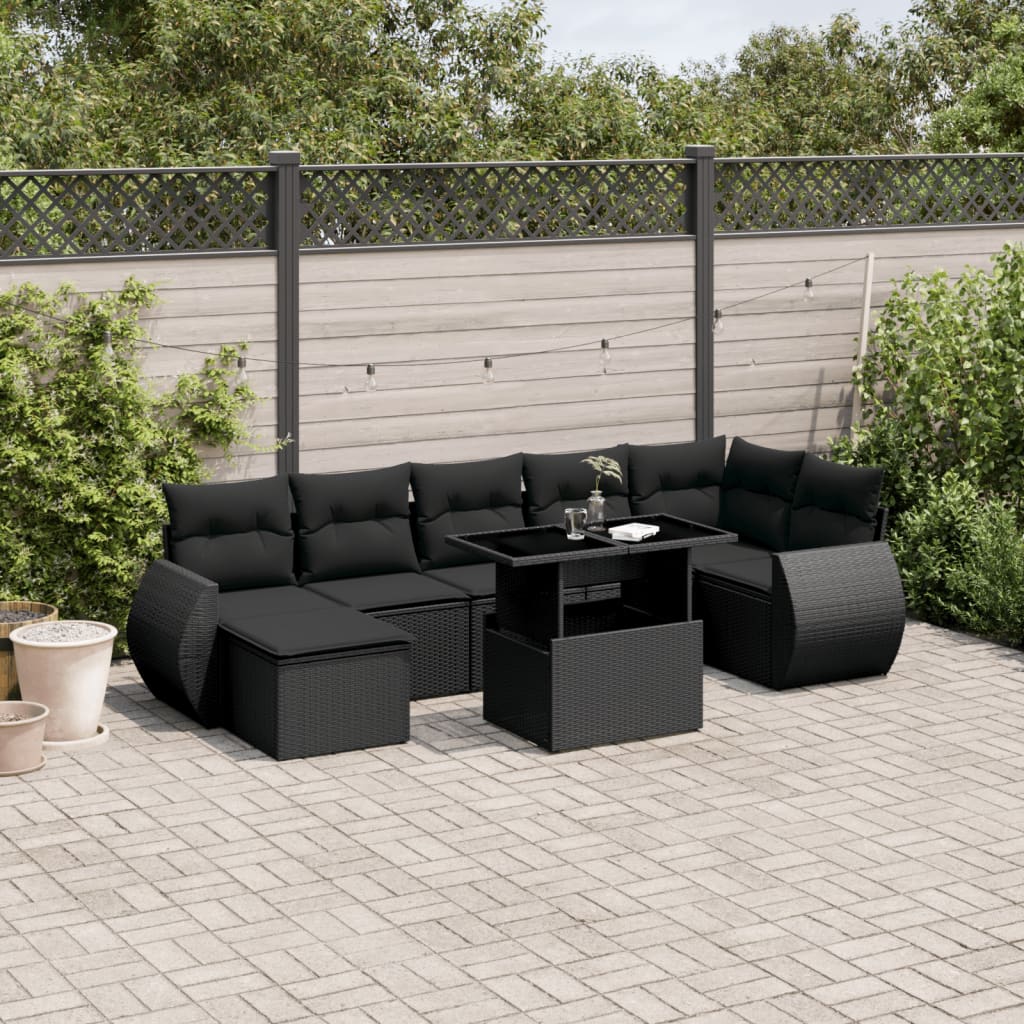 Set mobilier de grădină cu perne, 8 piese, negru, poliratan