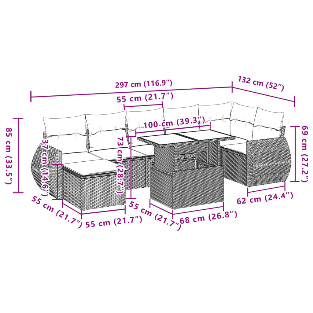 Set mobilier de grădină cu perne, 8 piese, negru, poliratan