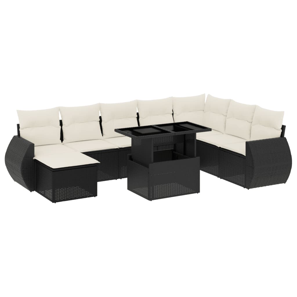 Set mobilier de grădină cu perne, 9 piese, negru, poliratan