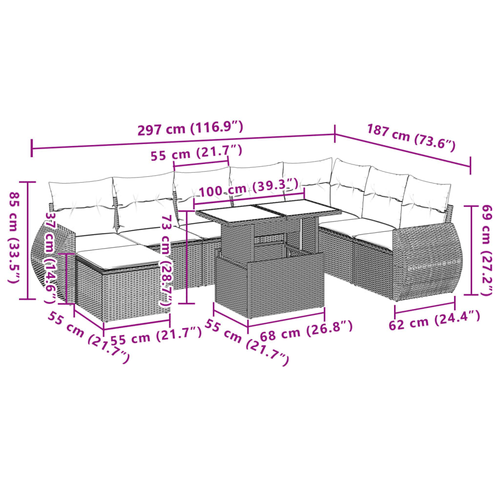 Set mobilier de grădină cu perne, 9 piese, negru, poliratan