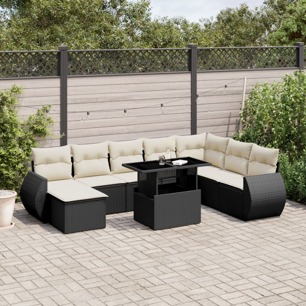 Set mobilier de grădină cu perne, 9 piese, negru, poliratan