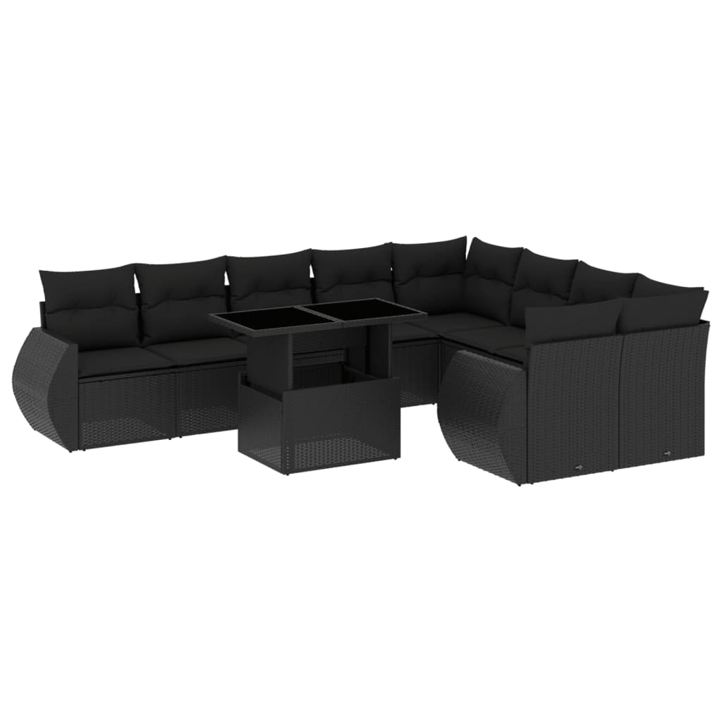 Set canapele de grădină cu perne, 10 piese, negru, poliratan