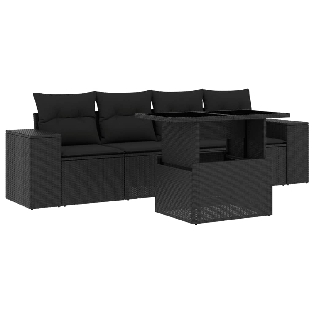 Set mobilier de grădină cu perne, 5 piese, negru, poliratan