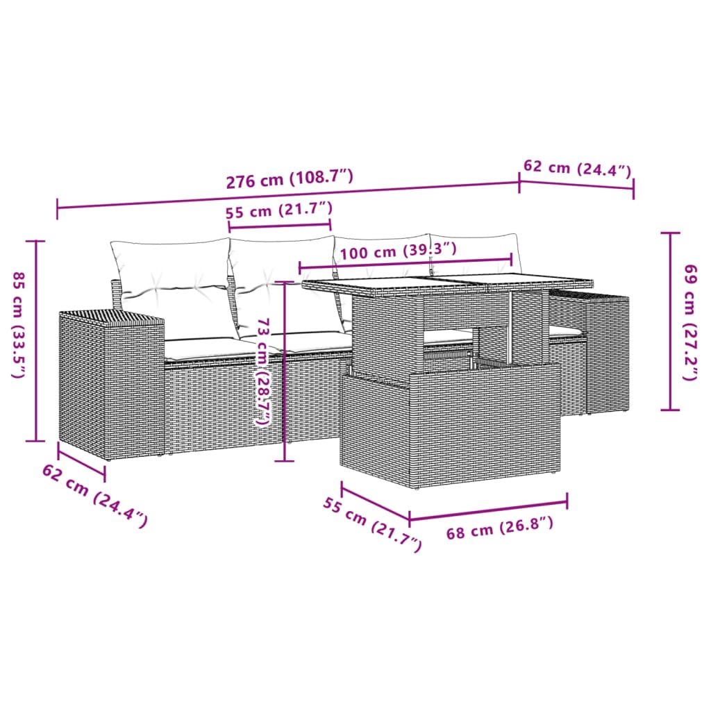 Set mobilier de grădină cu perne, 5 piese, negru, poliratan