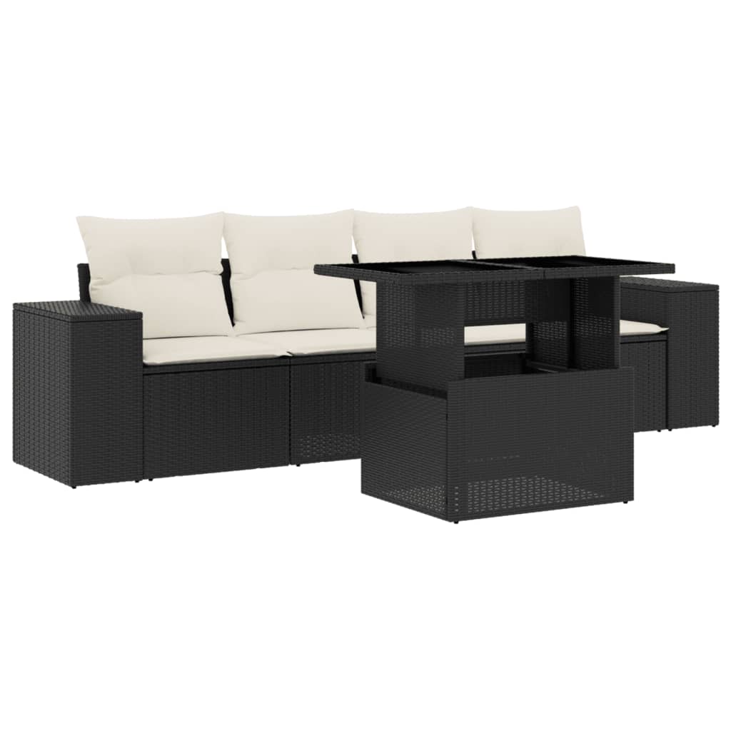 Set mobilier de grădină cu perne, 5 piese, negru, poliratan