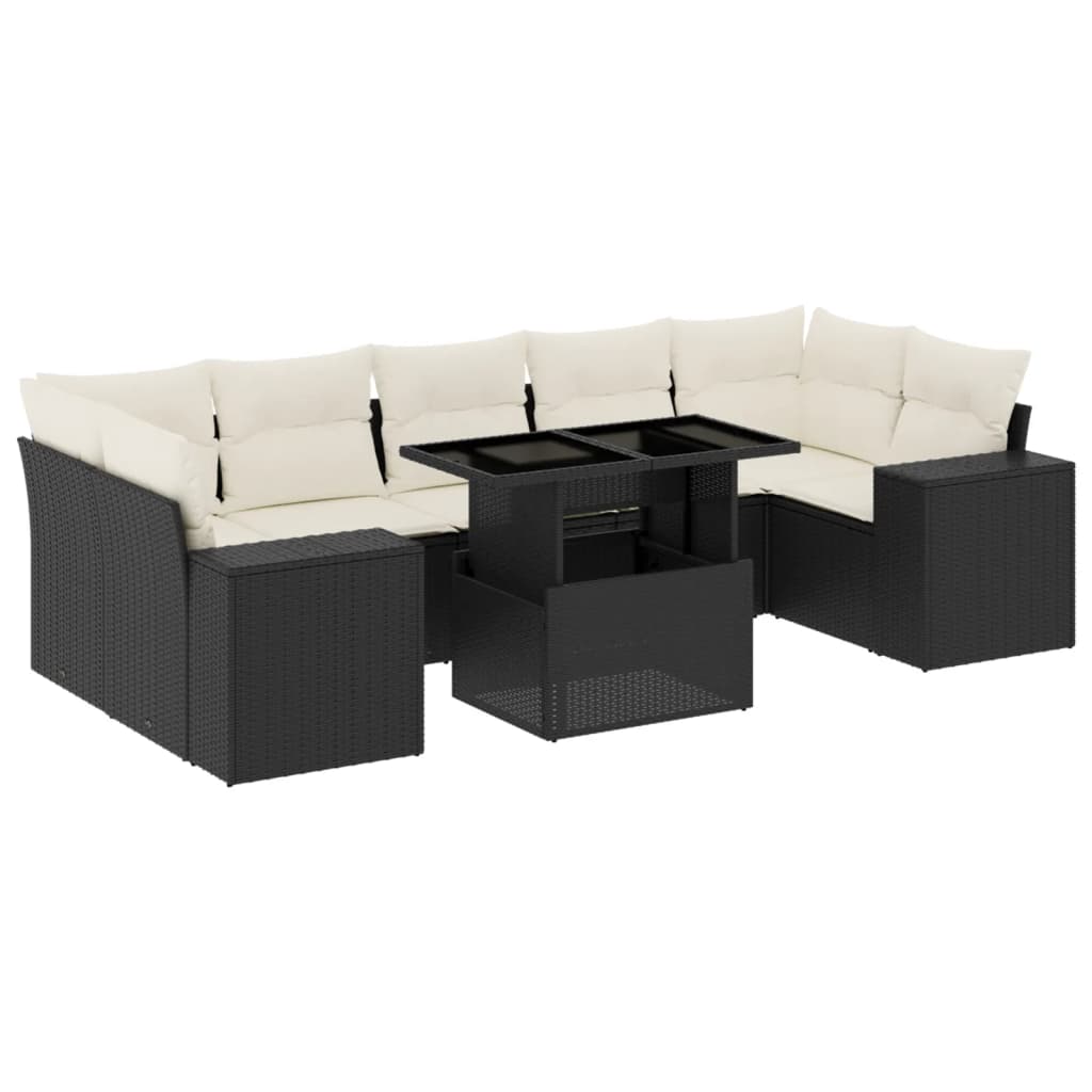 Set mobilier de grădină cu perne, 8 piese, negru, poliratan