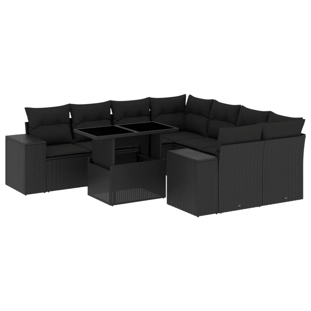 Set mobilier de grădină cu perne, 9 piese, negru, poliratan