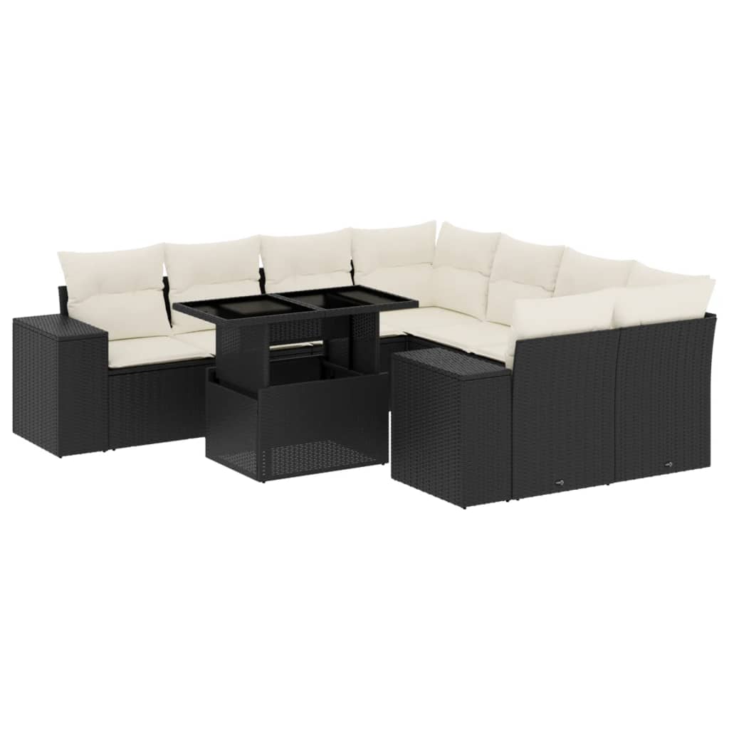 Set mobilier de grădină cu perne, 9 piese, negru, poliratan