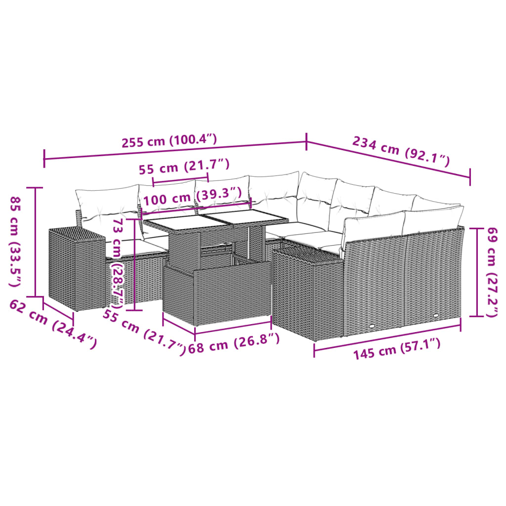 Set mobilier de grădină cu perne, 9 piese, negru, poliratan