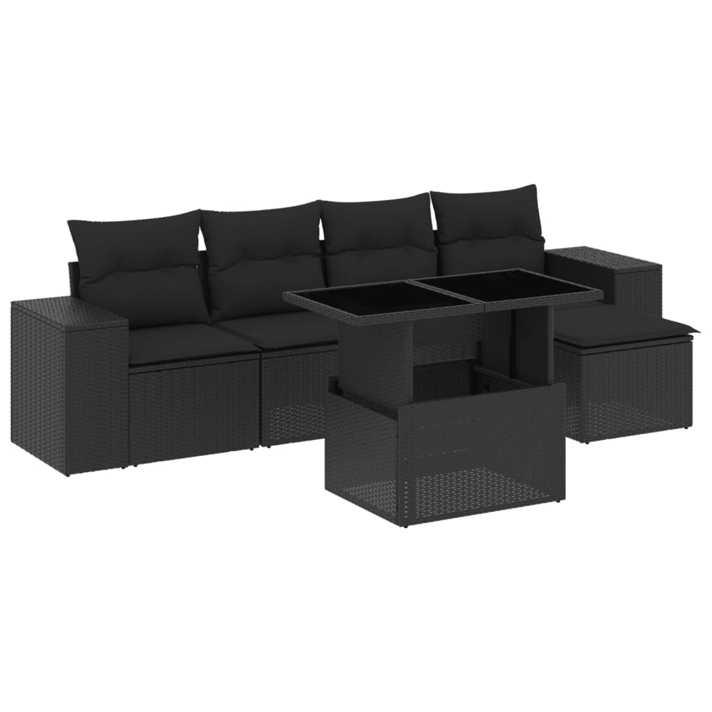 Set mobilier de grădină cu perne, 6 piese, negru, poliratan