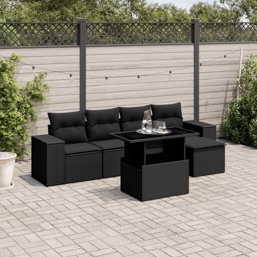 Set mobilier de grădină cu perne, 6 piese, negru, poliratan