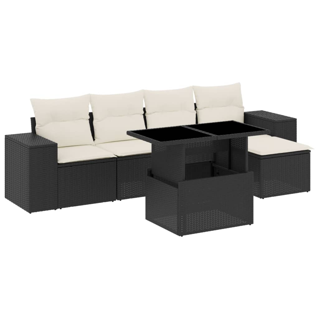 Set mobilier de grădină cu perne, 6 piese, negru, poliratan