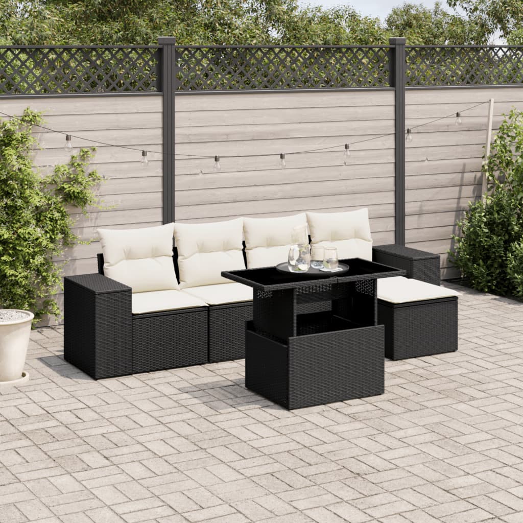 Set mobilier de grădină cu perne, 6 piese, negru, poliratan