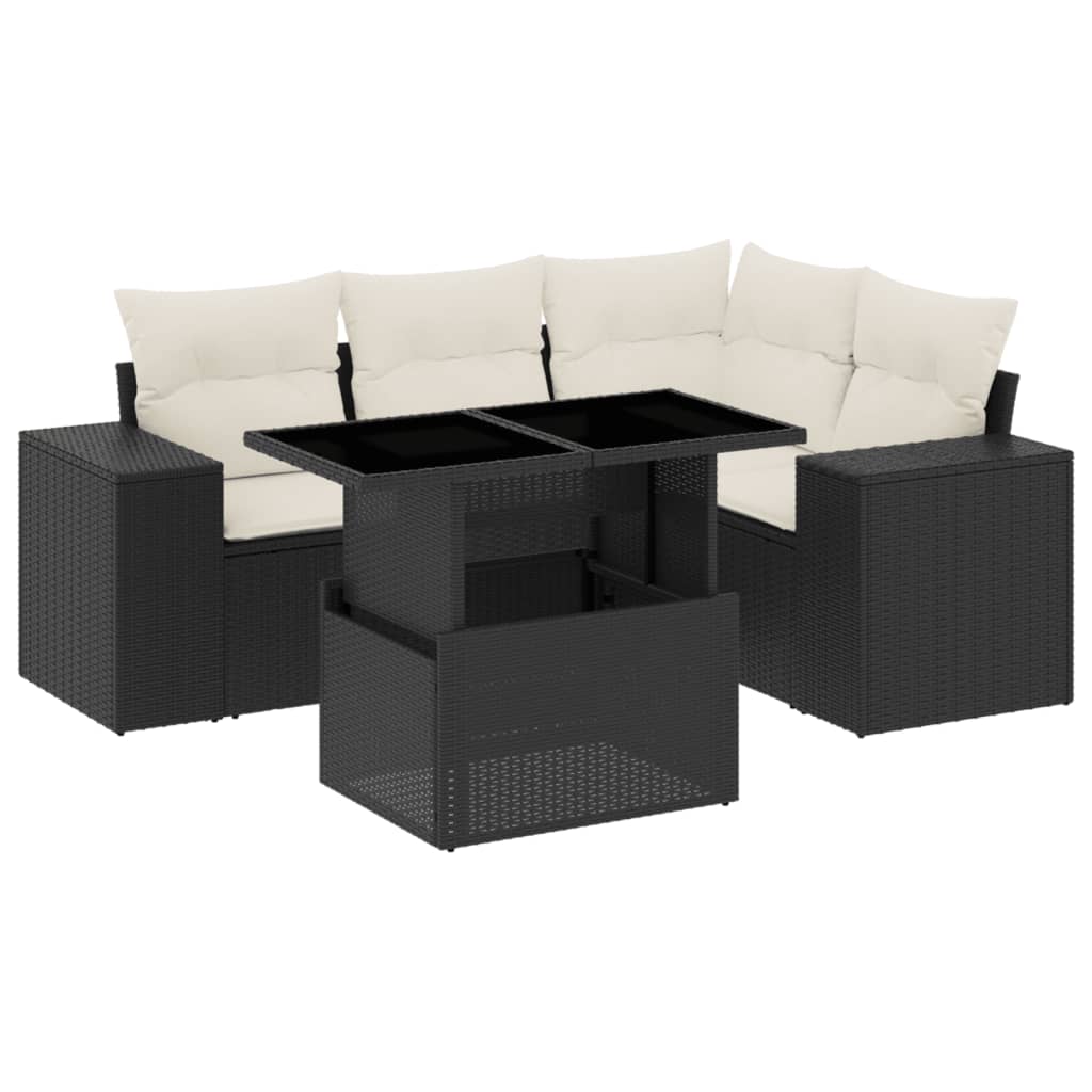 Set mobilier de grădină cu perne, 5 piese, negru, poliratan