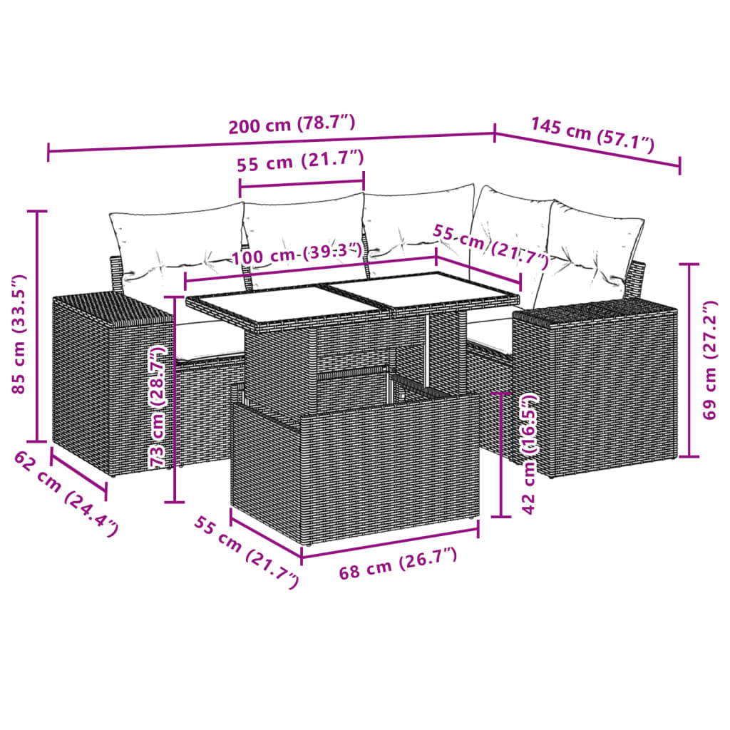 Set mobilier de grădină cu perne, 5 piese, negru, poliratan