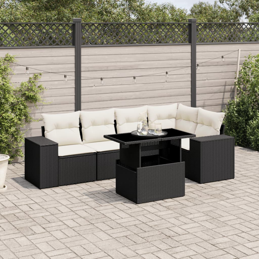 Set mobilier de grădină cu perne, 6 piese, negru, poliratan