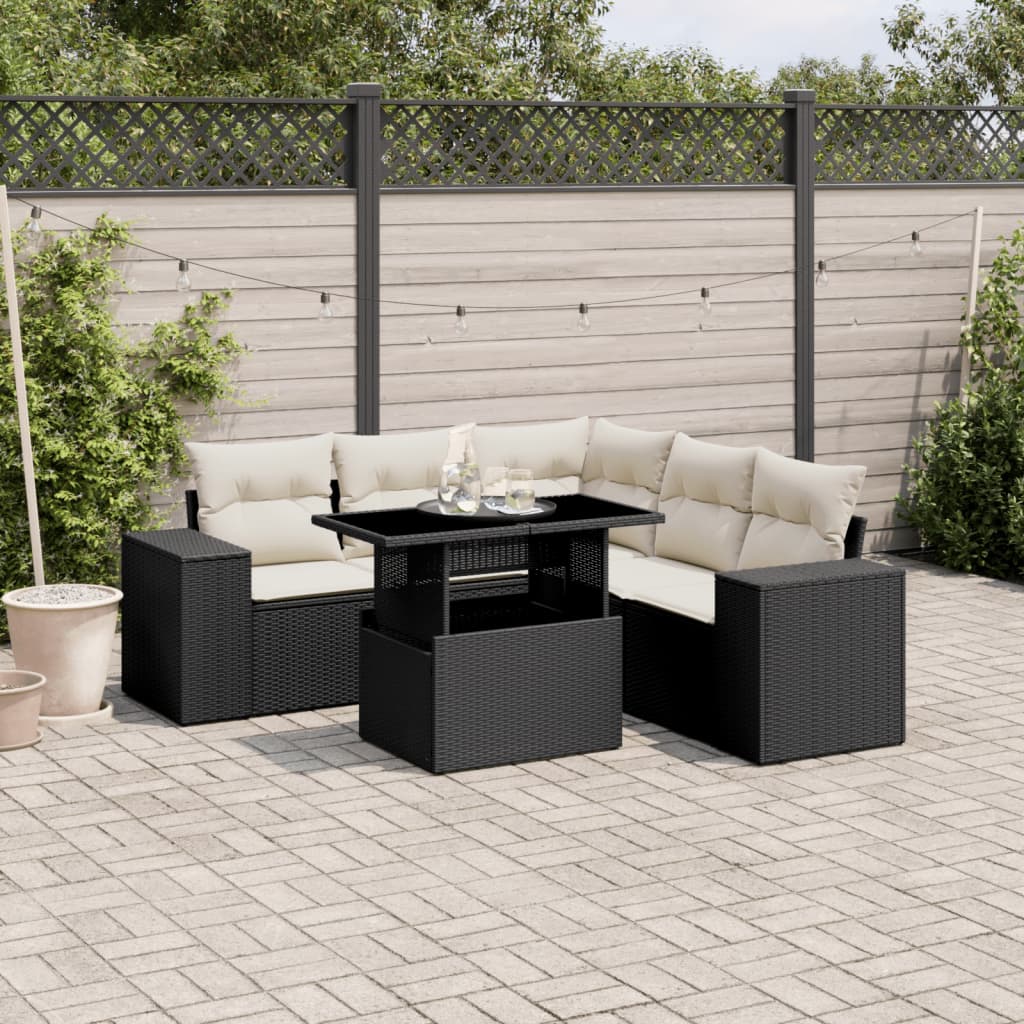 Set mobilier de grădină cu perne, 6 piese, negru, poliratan