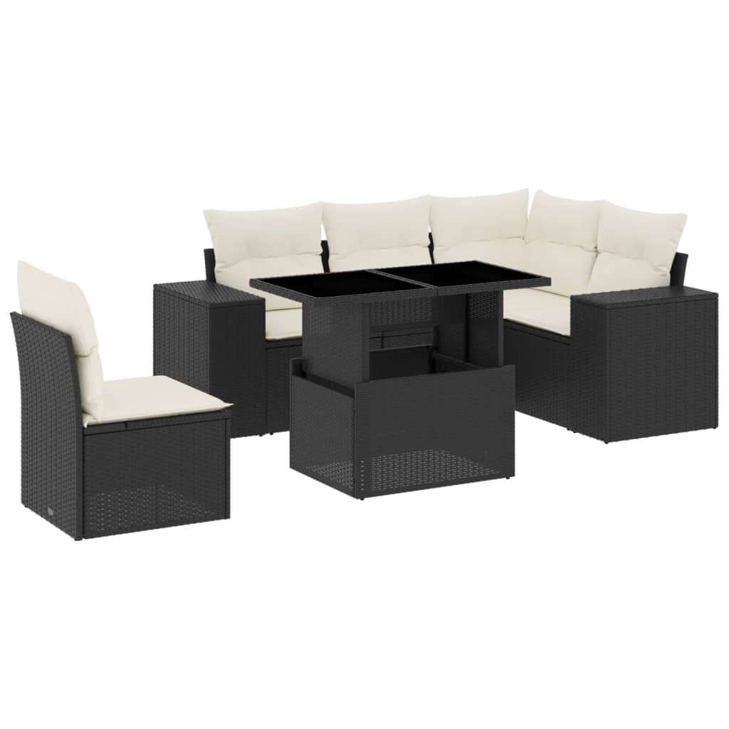 Set mobilier de grădină cu perne, 6 piese, negru, poliratan