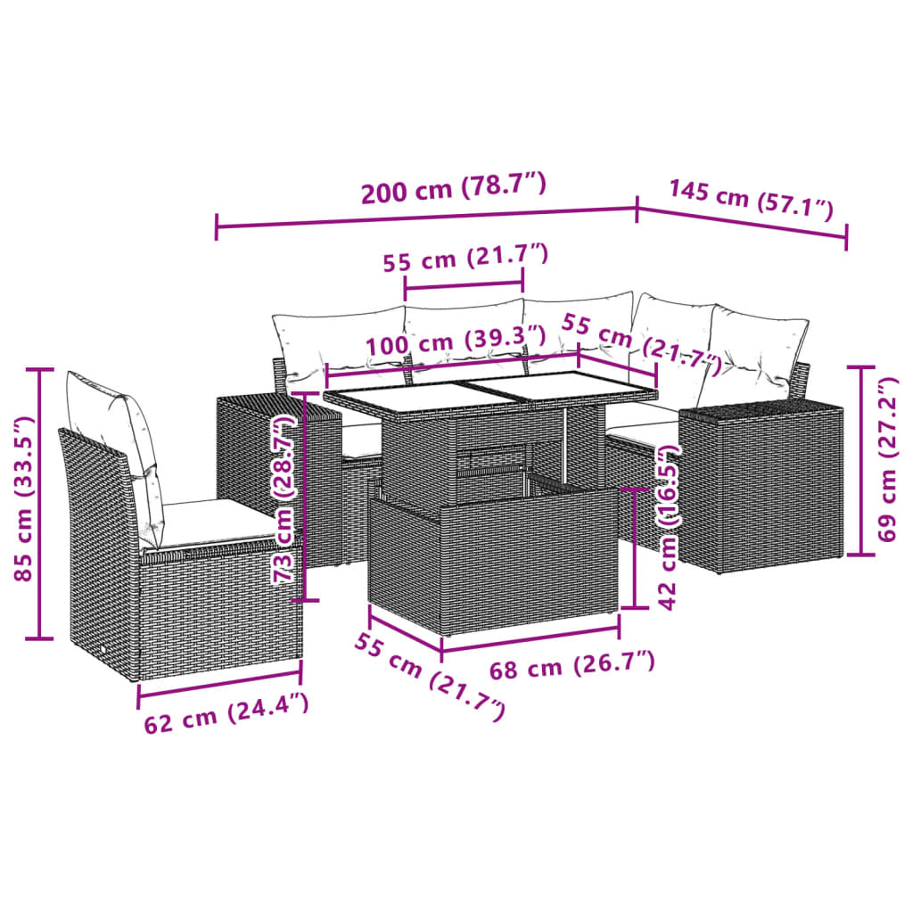 Set mobilier de grădină cu perne, 6 piese, negru, poliratan