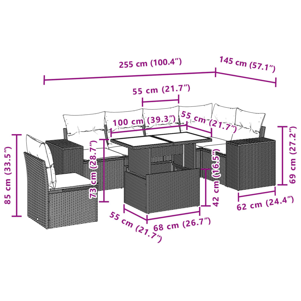 Set canapele de grădină cu perne, 7 piese, negru, poliratan