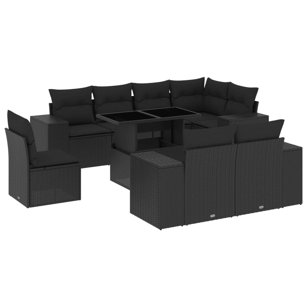 Set mobilier de grădină cu perne, 9 piese, negru, poliratan