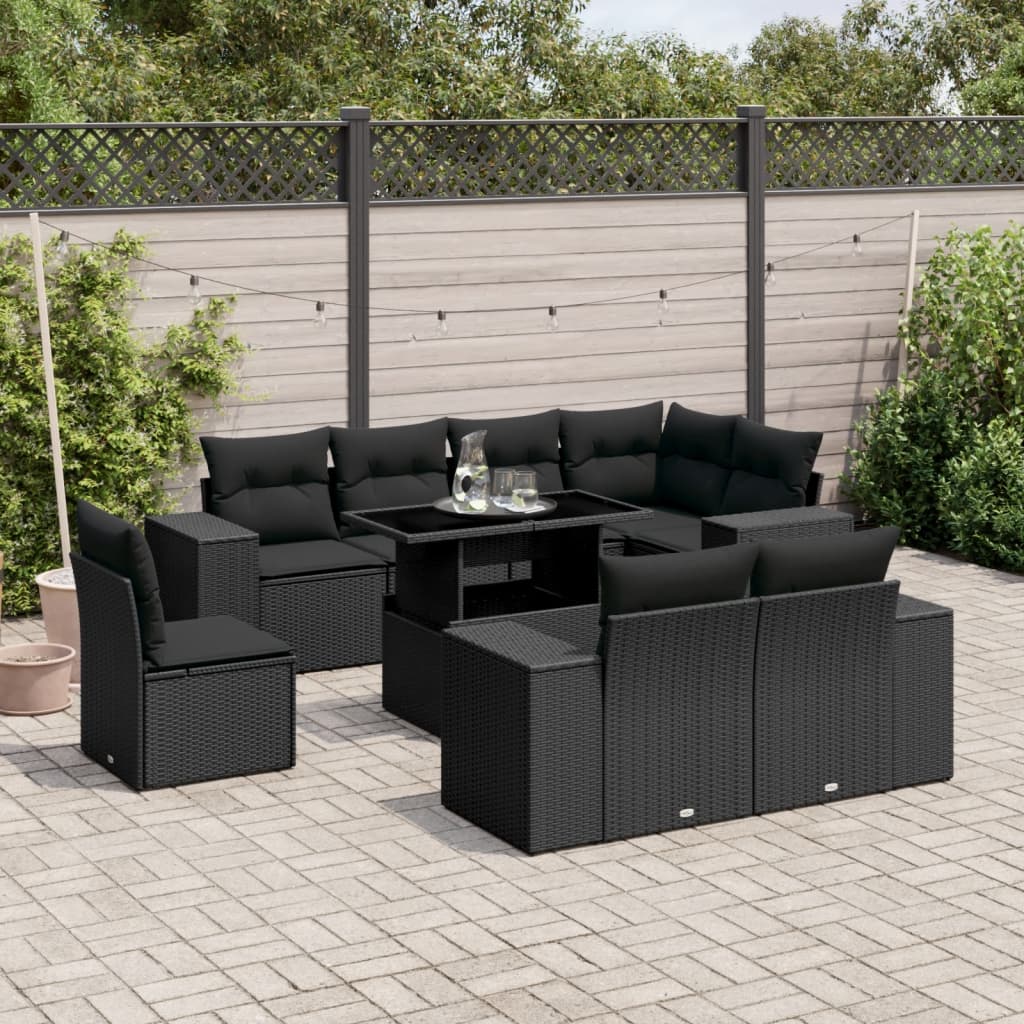 Set mobilier de grădină cu perne, 9 piese, negru, poliratan