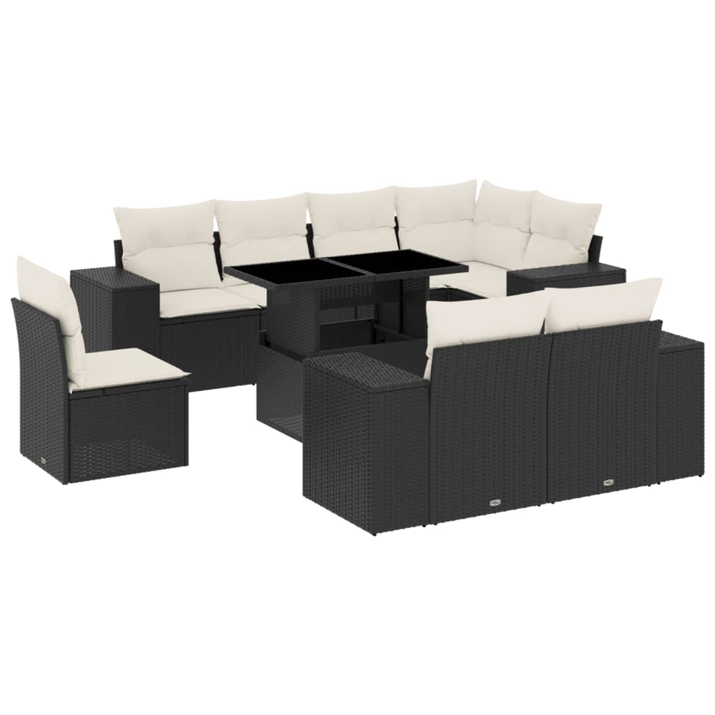 Set mobilier de grădină cu perne, 9 piese, negru, poliratan