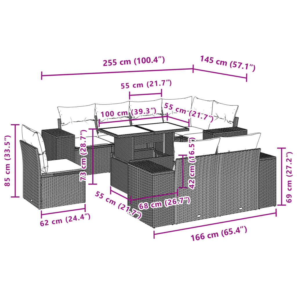 Set mobilier de grădină cu perne, 9 piese, negru, poliratan