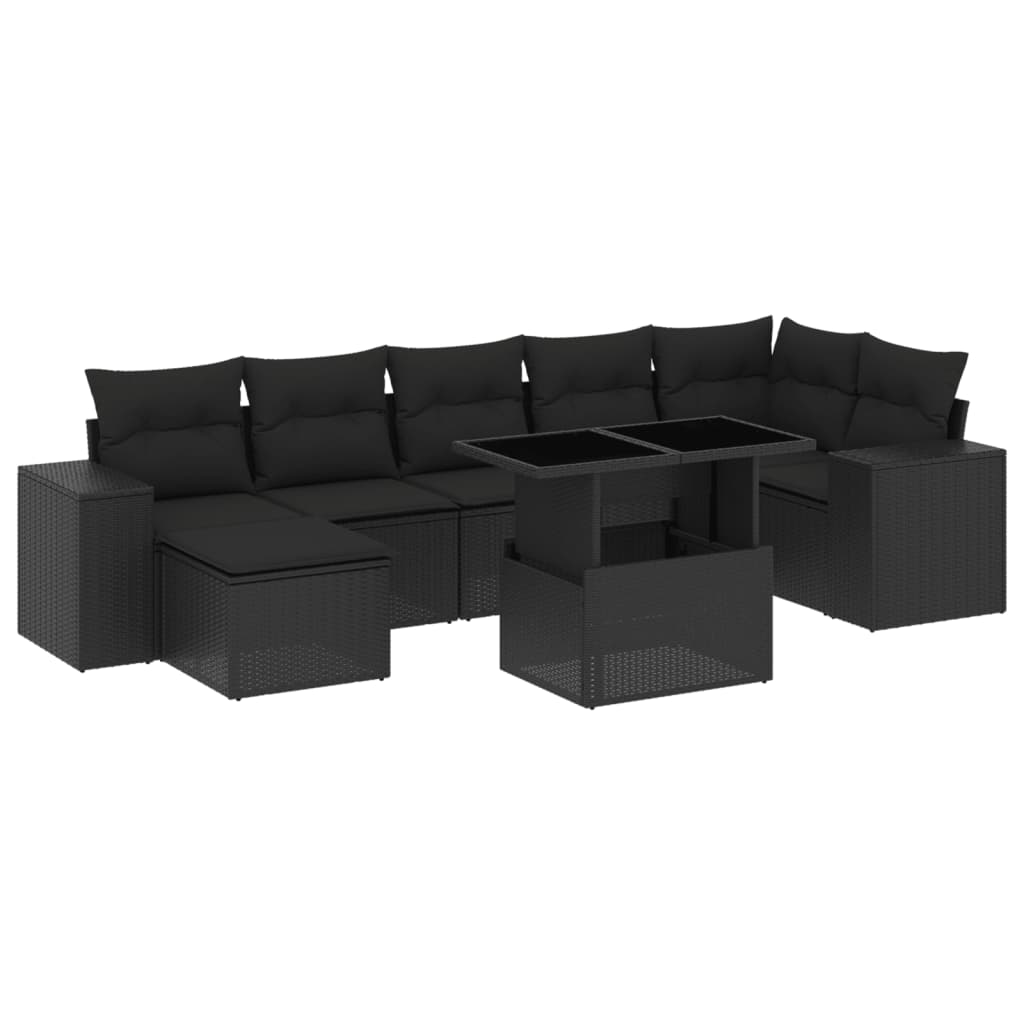 Set mobilier de grădină cu perne, 8 piese, negru, poliratan