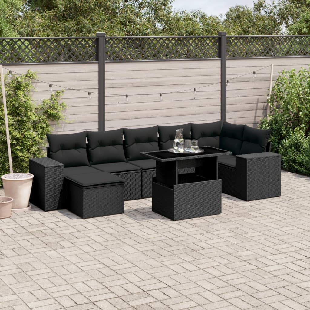 Set mobilier de grădină cu perne, 8 piese, negru, poliratan