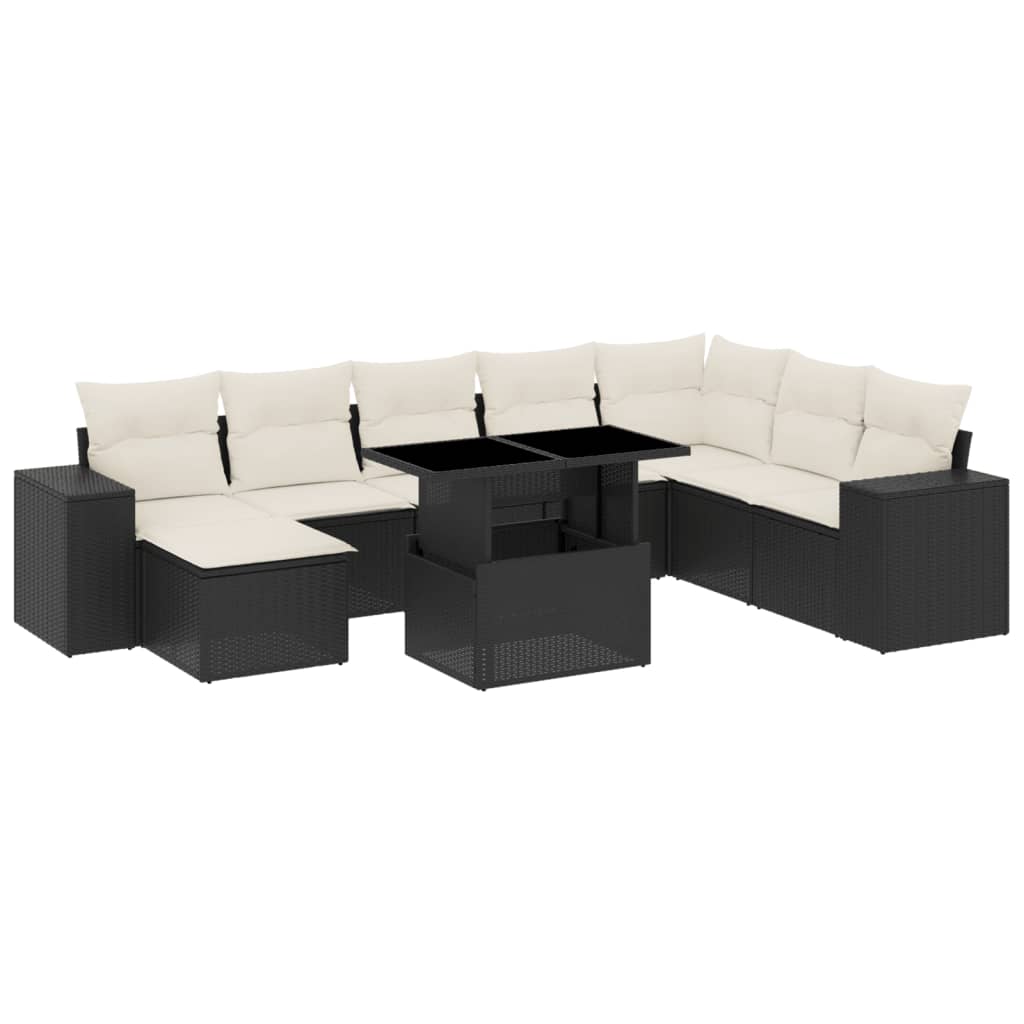 Set mobilier de grădină cu perne, 9 piese, negru, poliratan