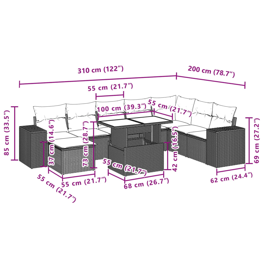 Set mobilier de grădină cu perne, 9 piese, negru, poliratan