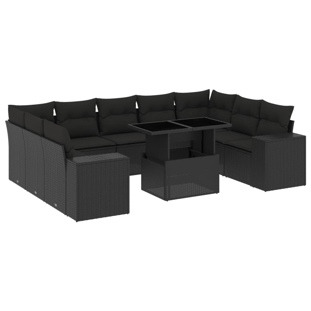 Set canapele de grădină cu perne, 10 piese, negru, poliratan