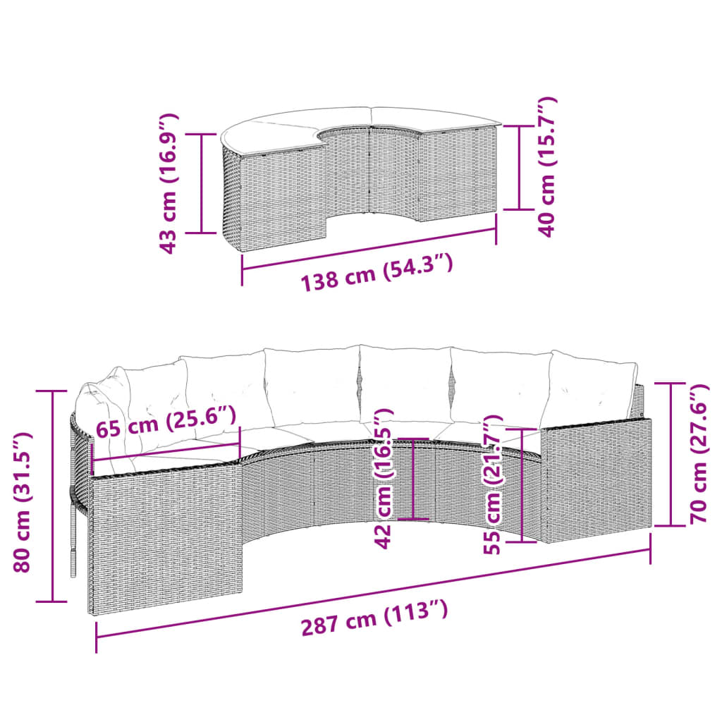 Set canapea de grădină, 2 piese, semi-rotunde, negru, poliratan