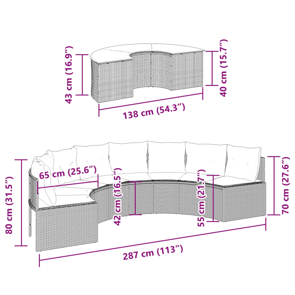 Set canapea de grădină, 2 piese, semi-rotunde, negru, poliratan