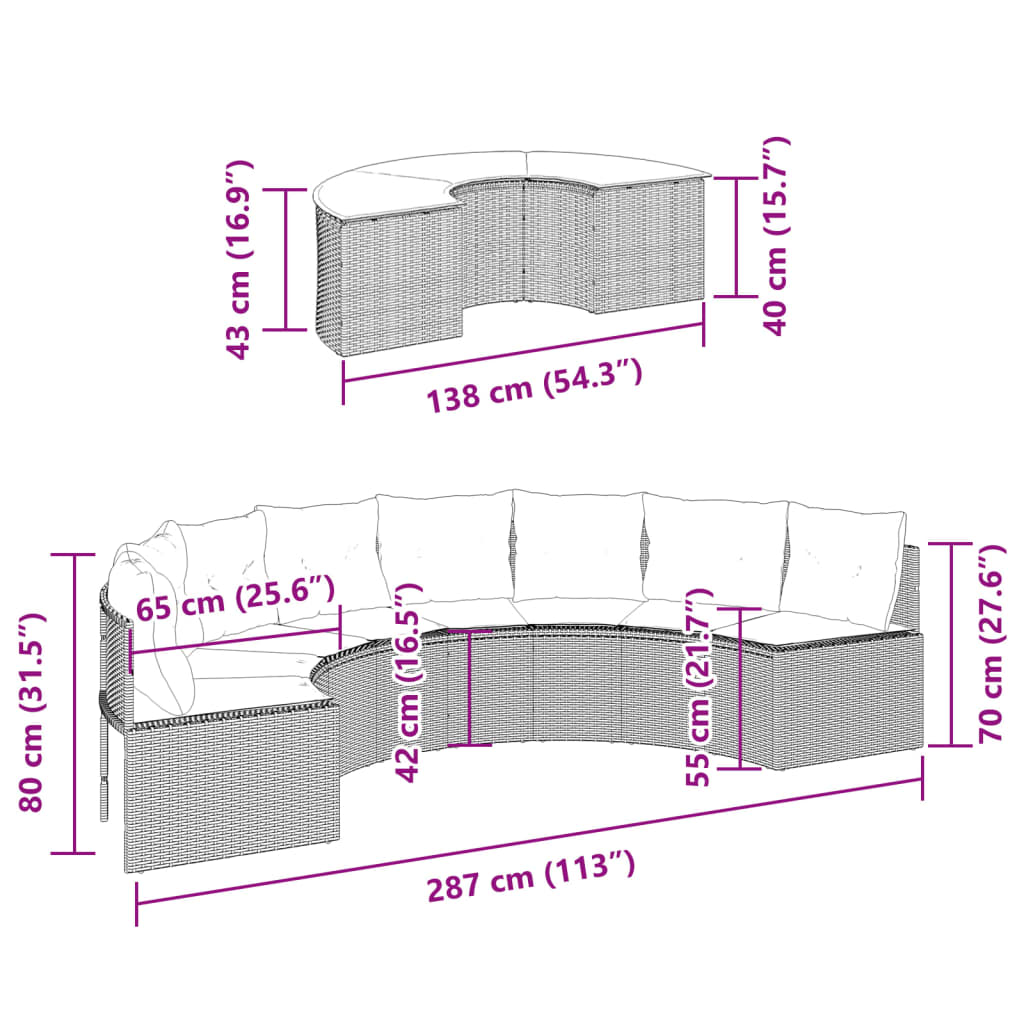 Set canapea de grădină, 2 piese, semi-rotunde, gri, poliratan