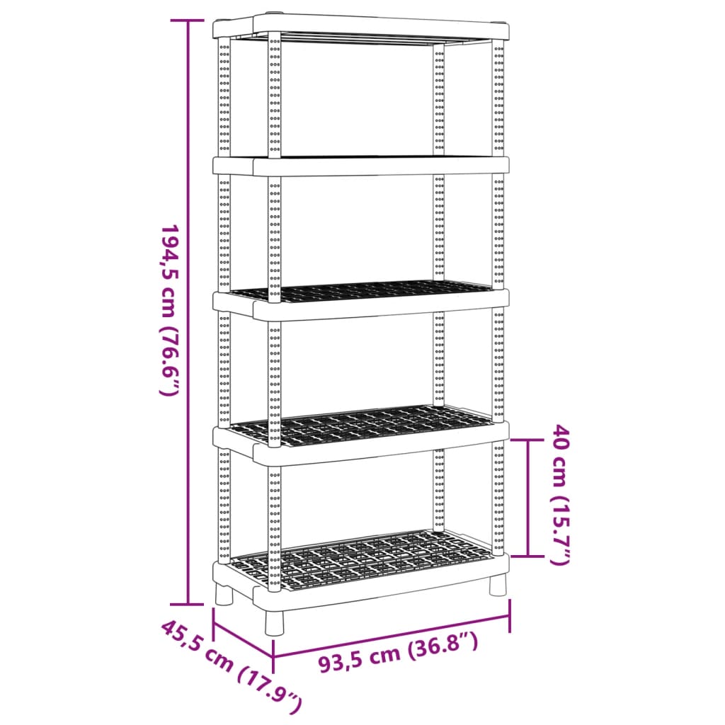 Raft depozitare cu 5 polițe, negru, 93,5x45,5x194,5 cm, PP