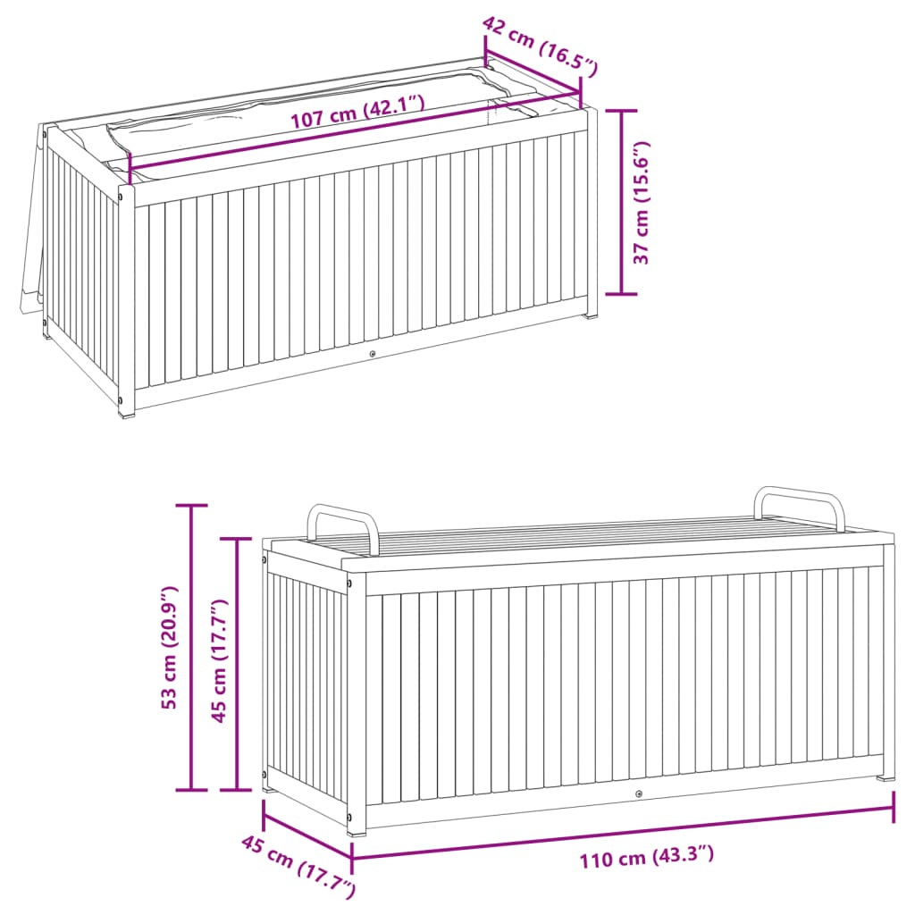 Cutie perne de exterior 110x45x42/53cm lemn masiv acacia/oțel