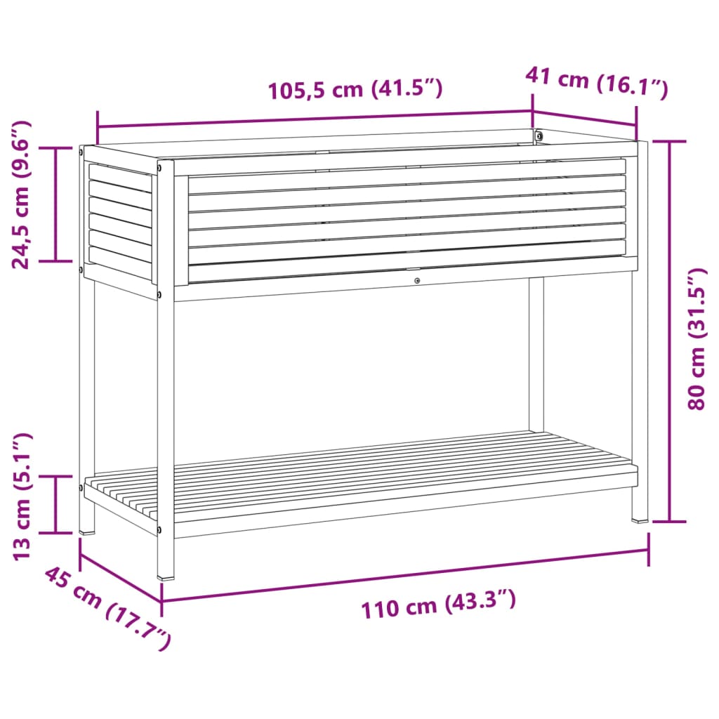 Jardinieră grădină cu raft 110x45x80cm lemn masiv acacia/oțel