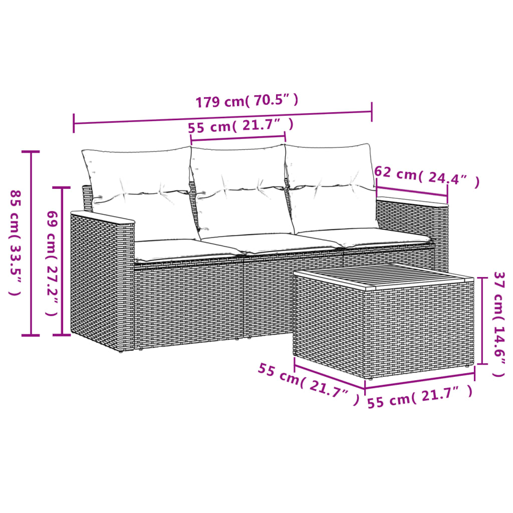 Set canapea de grădină cu perne, 4 piese, gri, poliratan